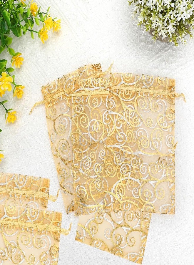 WSepascI Organza Gift Bags, 50Pcs Gold Sheer Organza Bags, 4 × 6 Inch Mesh Drawstring Bag, Rattan Printed Jewelry Gift Pouches Candy Bag for Valentines Wedding Couple Shower Birthday Christmas Party Favors - Image 4